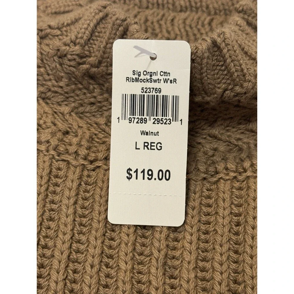 NWT L.L. Bean Signature Organic Cotton Mockneck Ribbed Sweater Walnut Large L